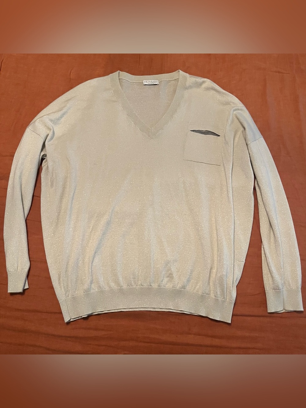 Brunello Cucinelli Shimmery Light Beige V-Neck Sweater